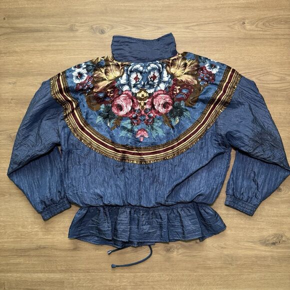 Vintage 80s Windbreaker Basic Editions Women Size L Floral Jacquard Lining Retro - Picture 2 of 11